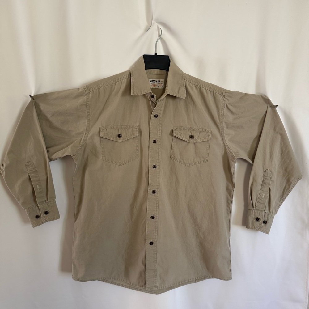 Wrangler Jeans Co. Beige Khaki Long-Sleeve
Button-Down Work Shirt Worn-In Large